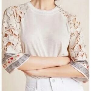 Anthropologie Tiny Cassidy Cream Lace Sleeve Satin Trim Blouse Top, Size Small